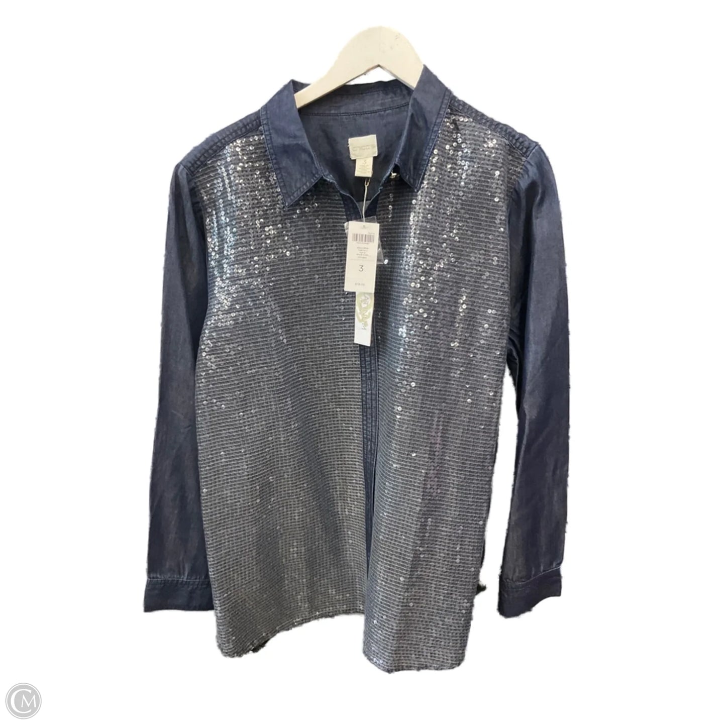 Top Long Sleeve By Chicos In Blue Denim, Size: Xl