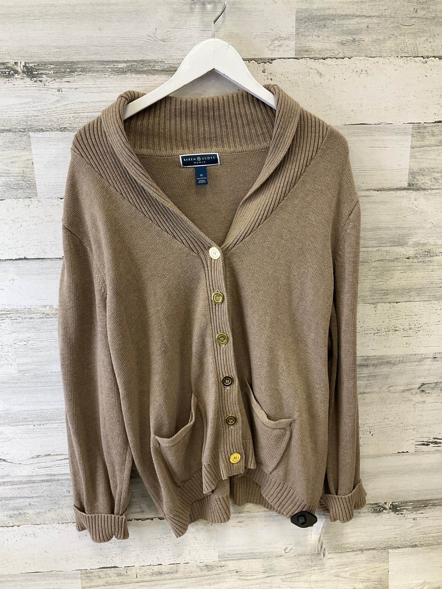 Sweater Cardigan By Karen Scott In Tan, Size: 1x