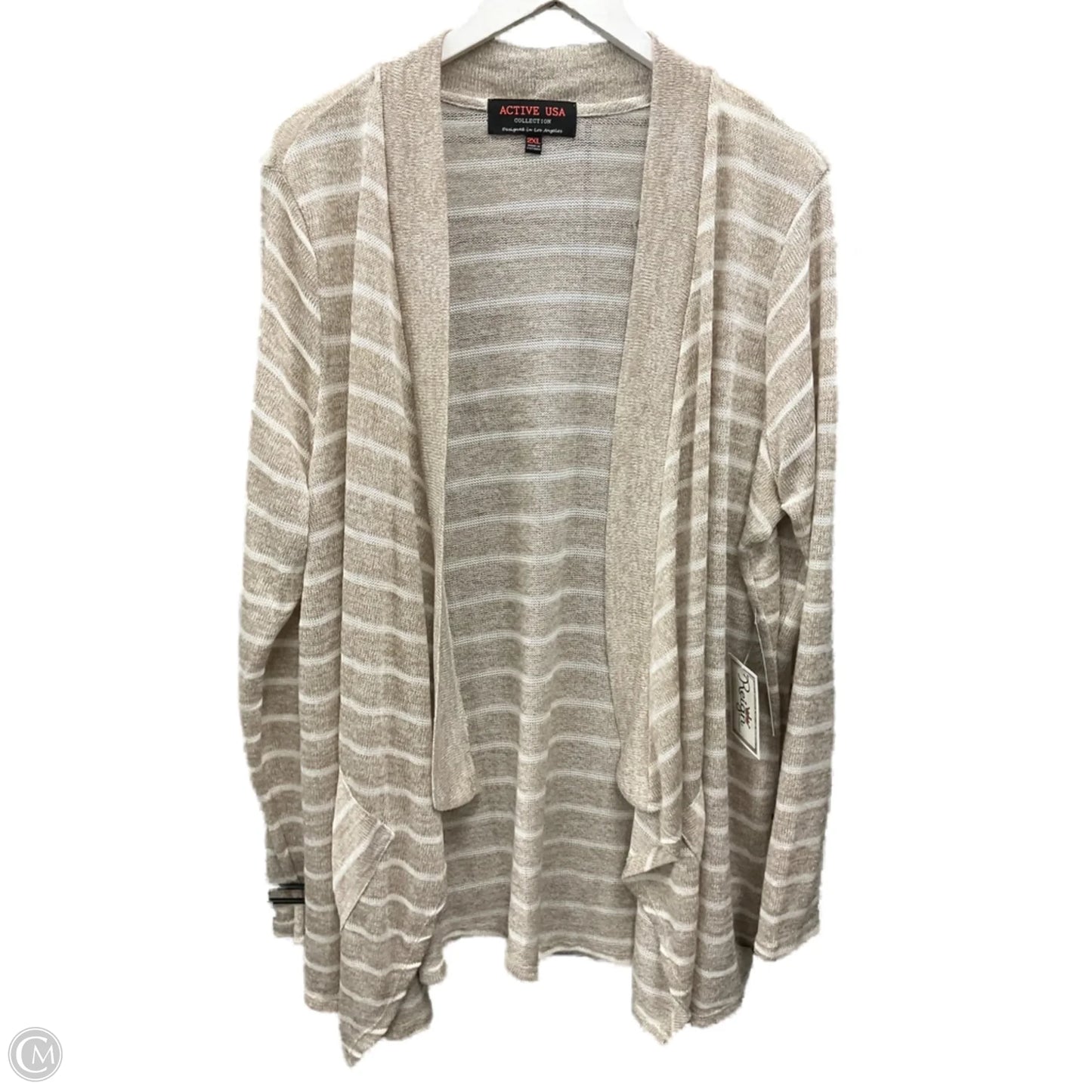 Sweater Cardigan By Active Usa In Tan & White, Size: 2x