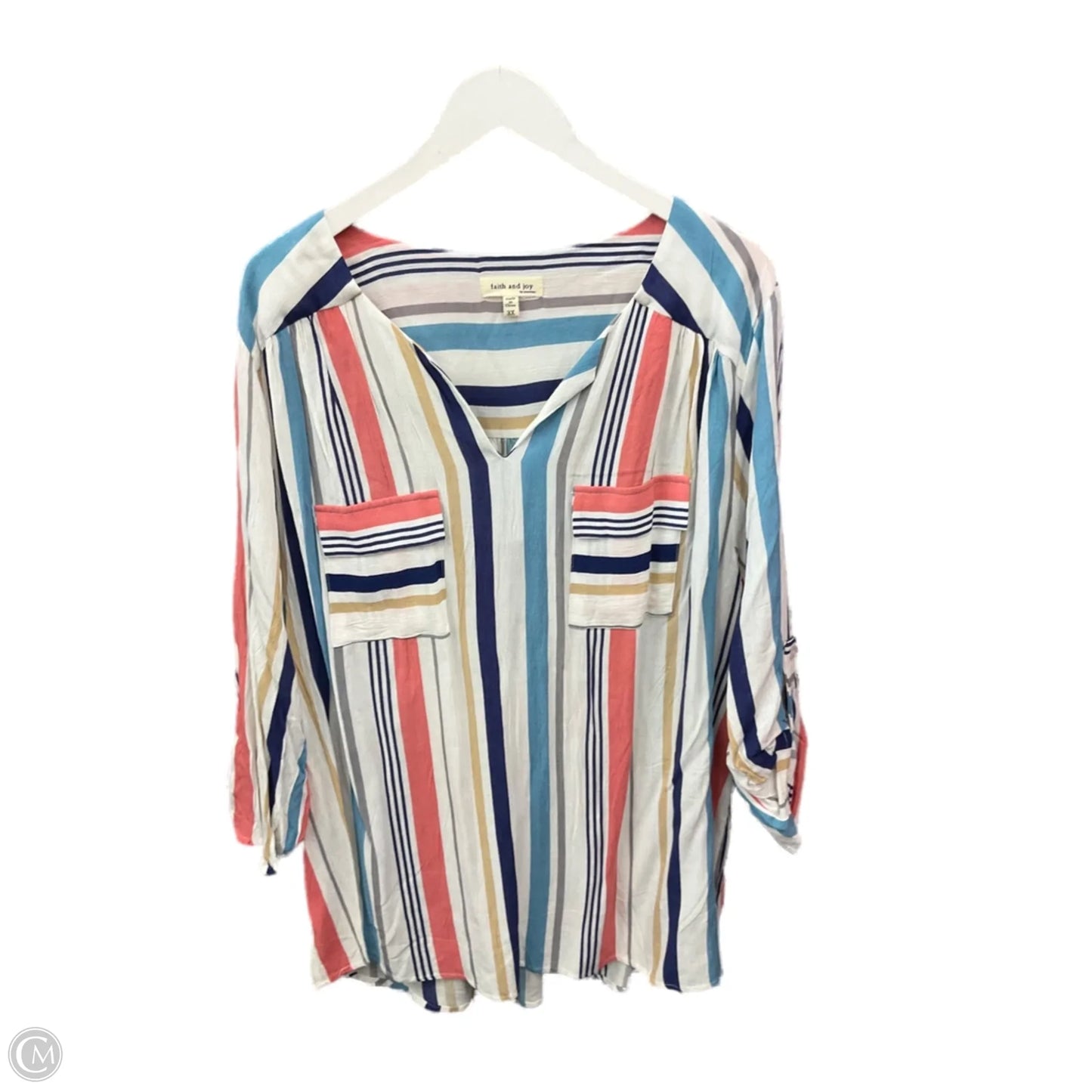 Top 3/4 Sleeve By Faith And Joy In Blue & Pink, Size: 3x