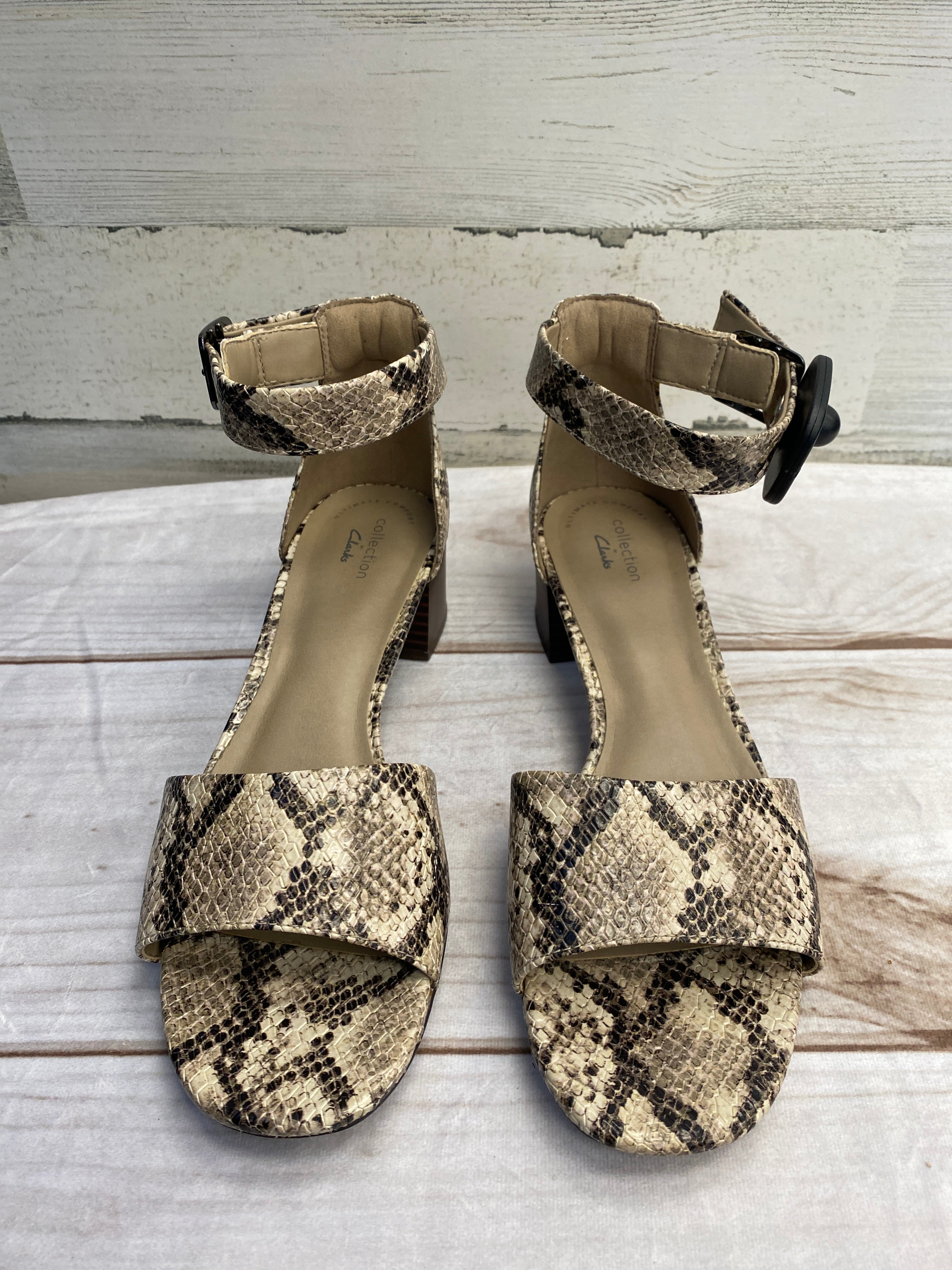 Snakeskin Print Sandals Heels Block Clarks Size 9