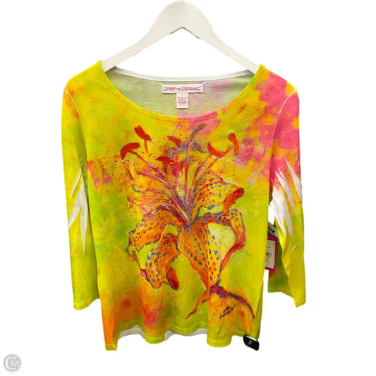 Top 3/4 Sleeve Basic By Leoma Lovegrove In Pink & Yellow, Size: L