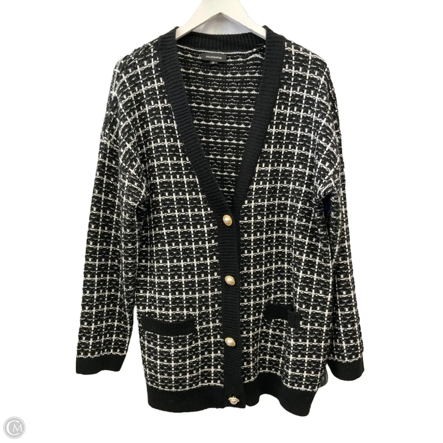 Sweater Cardigan By Calligraphie In Black & White, Size: Xl