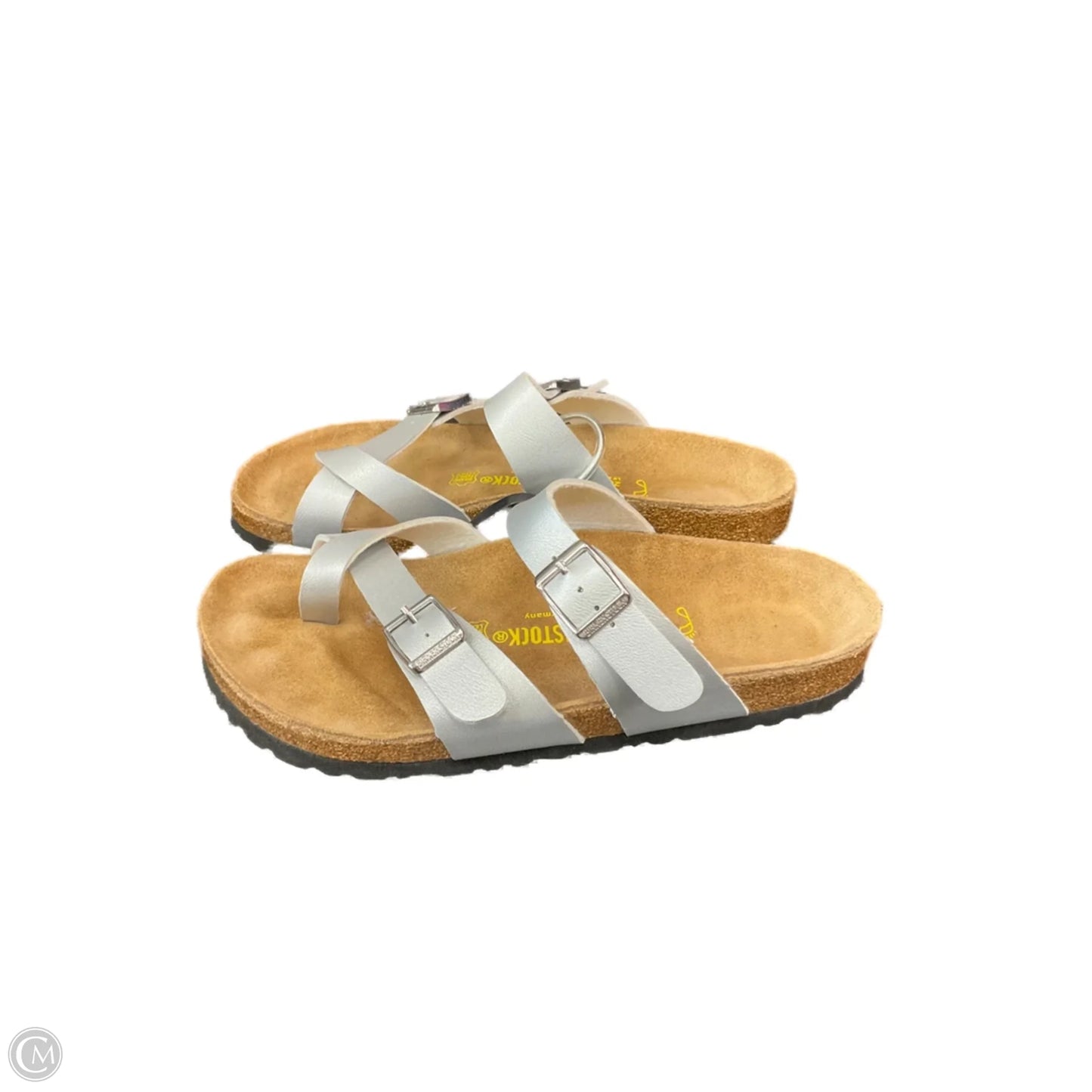 Sandals Flats By Birkenstock In Silver, Size: 9
