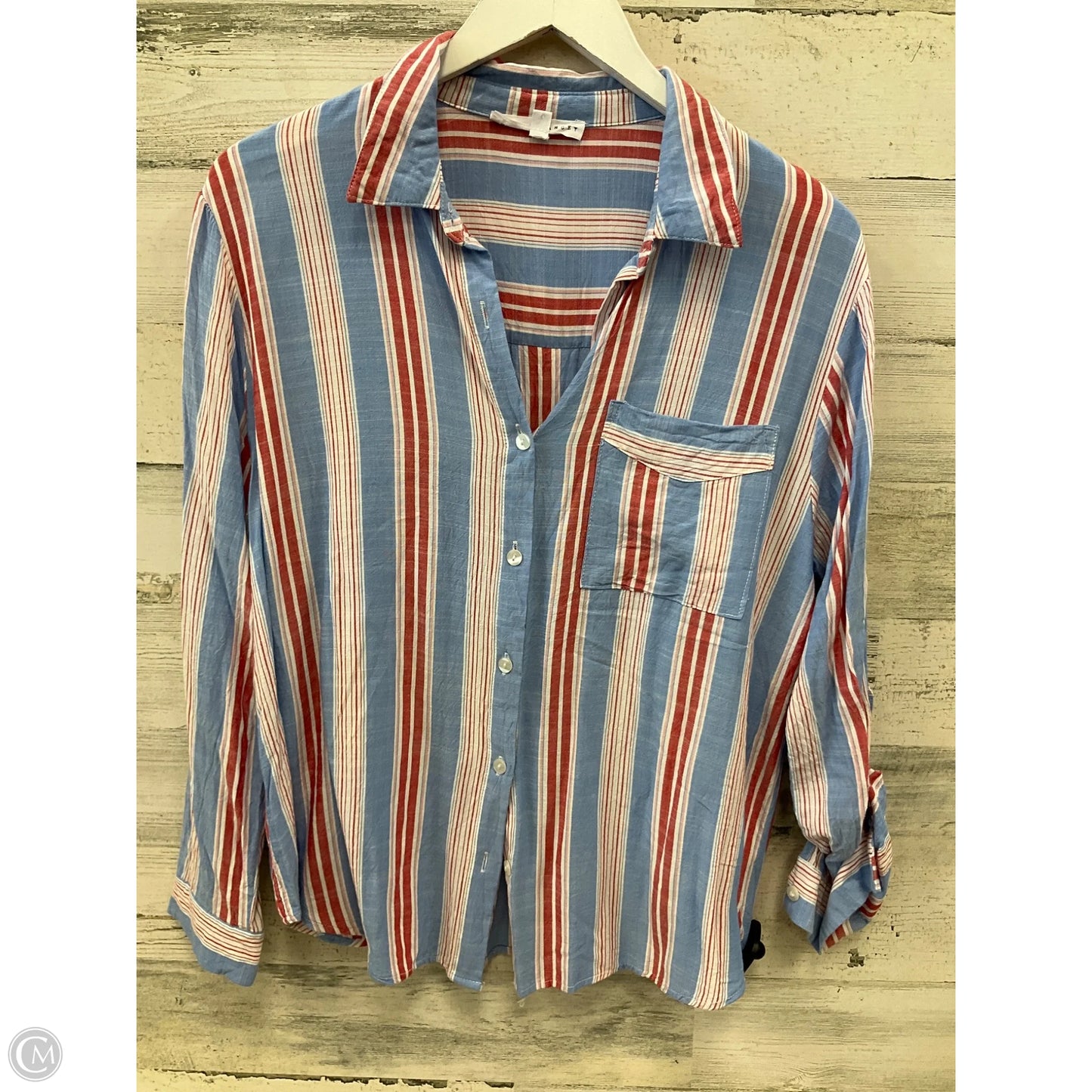 Top Long Sleeve By Jane And Delancey In Blue & Red & White, Size: L