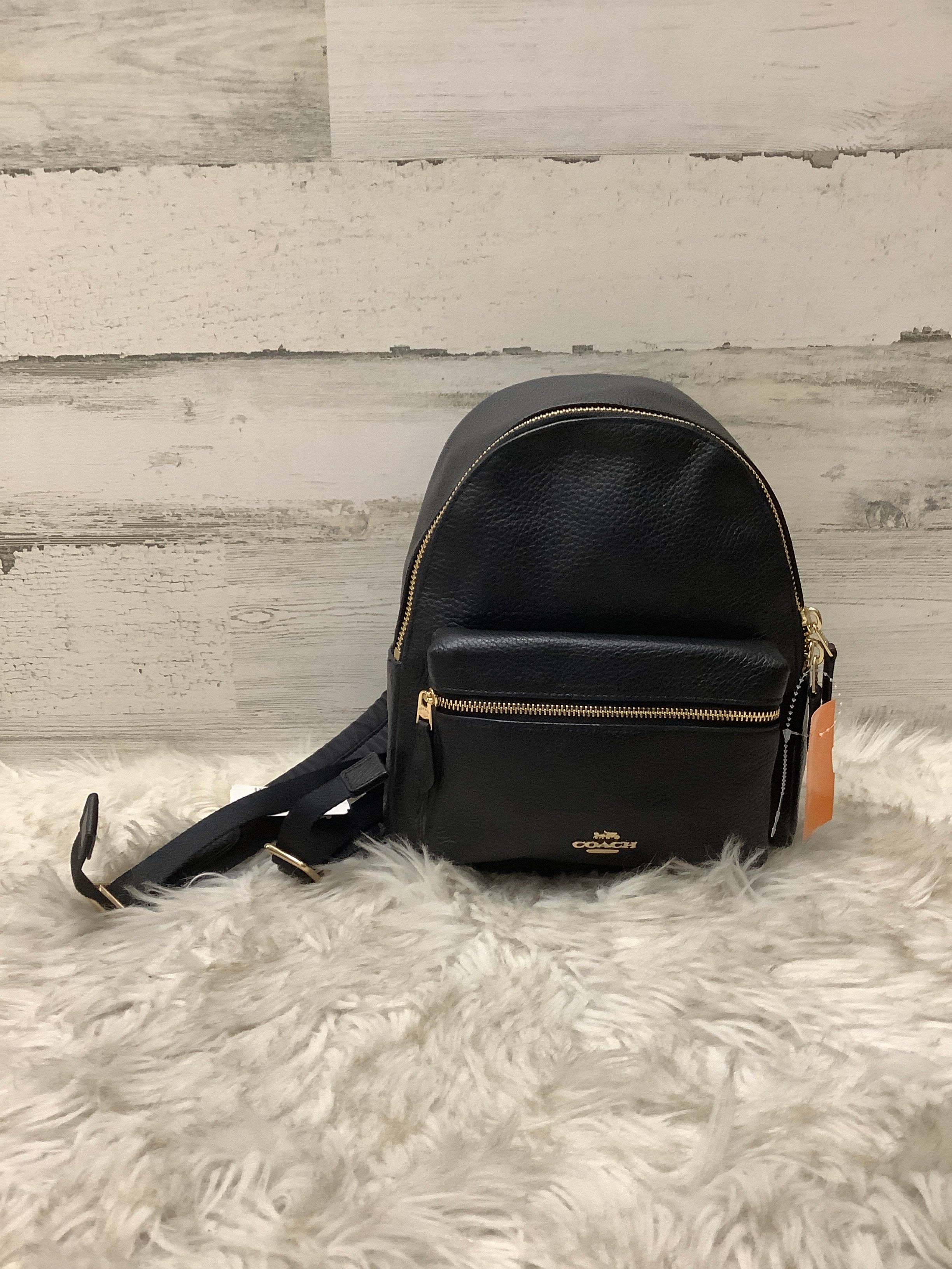 Nwt coach f38263 black gold clearance charlie pebble leather mini backpack